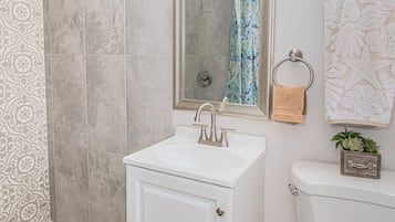Shower, towels, soap, toilet paper