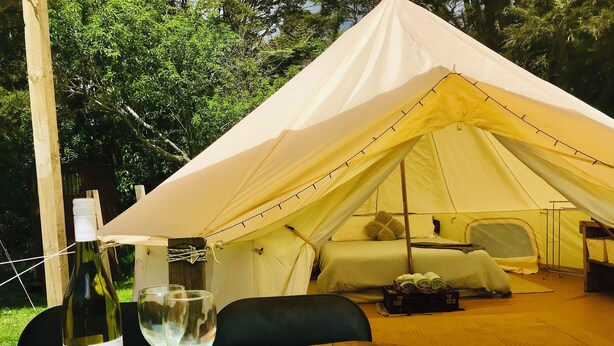 Uma tenda com uma cama e uma mesa com uma garrafa e copos.