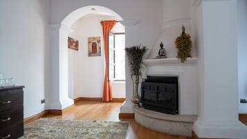 Una habitación amplia con suelo de madera, chimenea, un tapete decorativo y vistas a través de un arco.