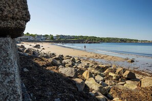 A rocky beach with large boulders, a clear blue sky, and houses in the background.