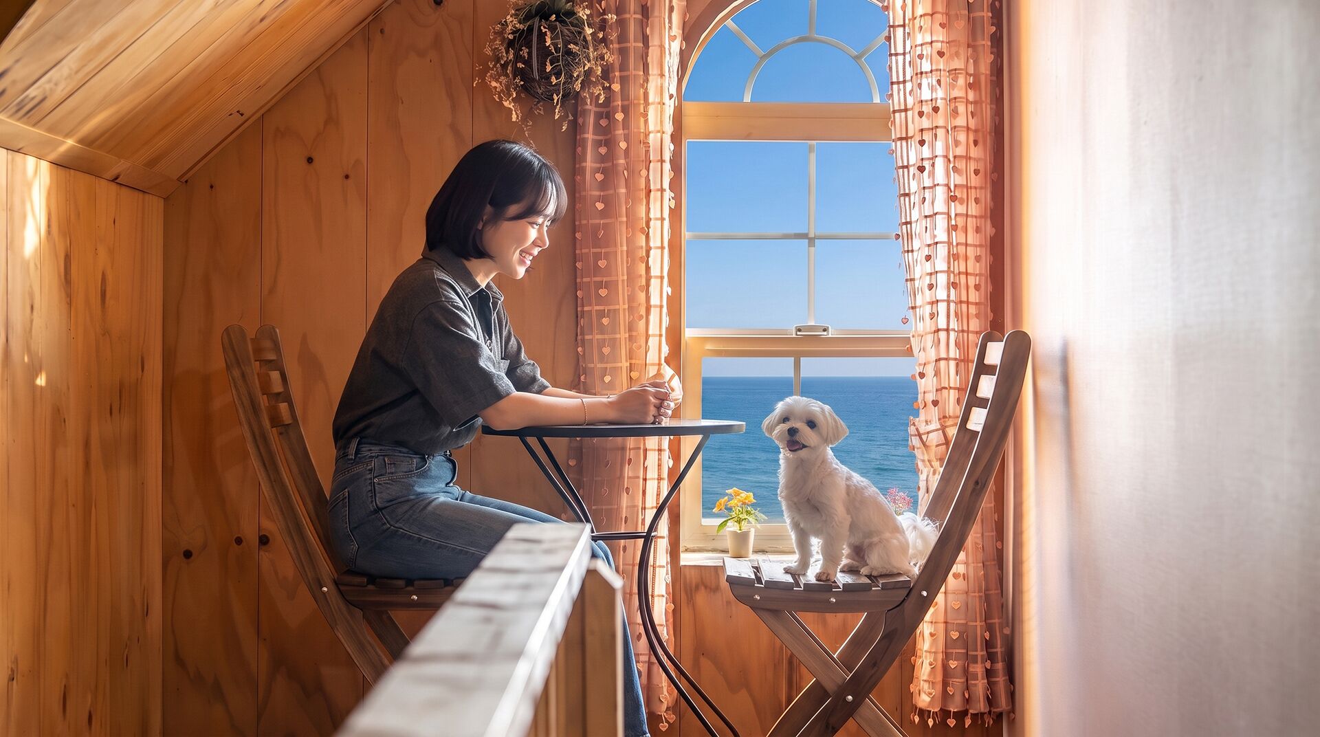 En person sidder ved et bord med en hund i et rum med trævægge og et vindue med udsigt over havet.