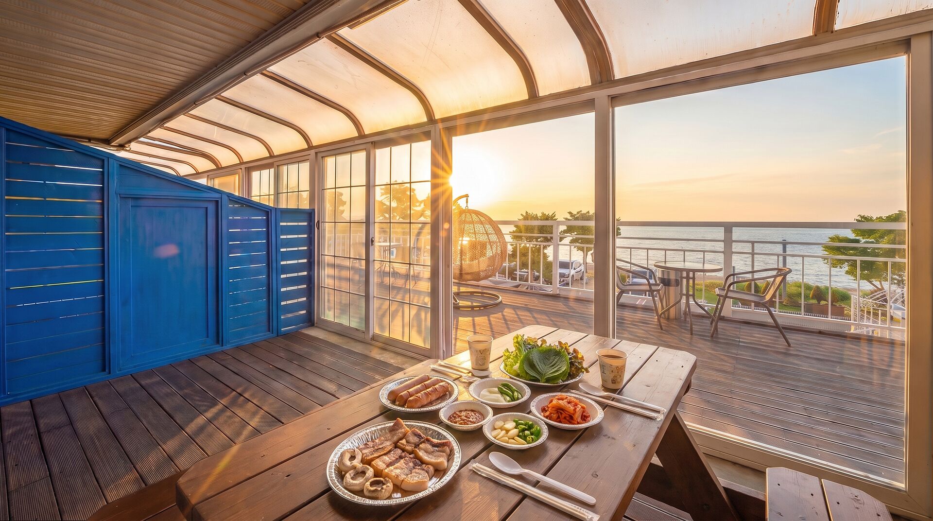 A wooden deck with a table set for a meal, overlooking a body of water.