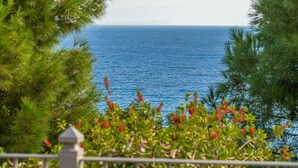 Une vue sur la côte, avec une mer bleue et limpide, bordée de verdure et protégée par une rambarde.