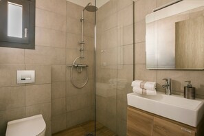 A modern bathroom with a glass-enclosed shower, a white sink, and a mirror above the sink. - Petradi Villa Skala I (Kefallonia)