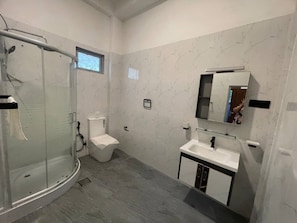 Hair dryer, towels, soap, toilet paper