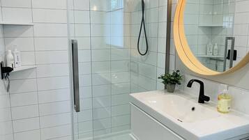 Douche, sèche-cheveux, serviettes fournies, savon