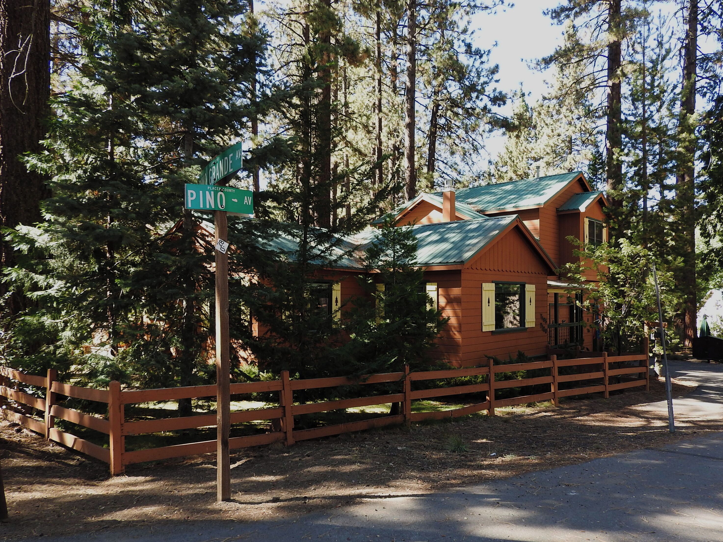 A cabin with a green roof, surrounded by tall pine trees.