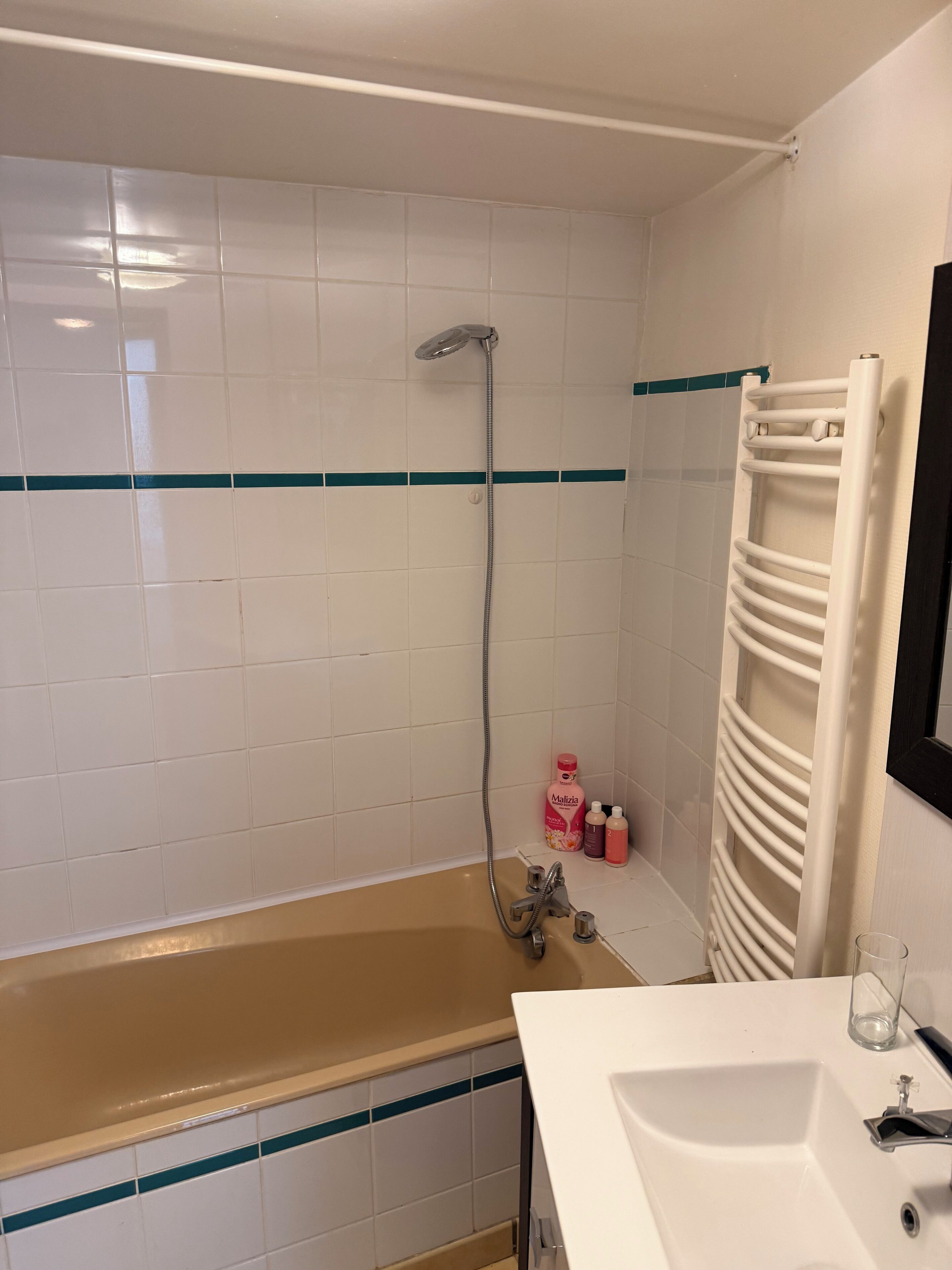 A bathroom with a bathtub, a shower, and a sink.