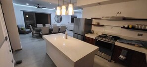Fridge, microwave, oven, stovetop