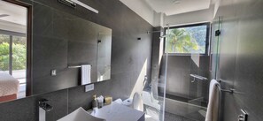 Secadora de cabello, toallas, papel de baño 