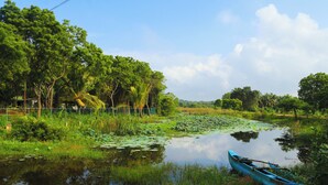 A serene riverside scene with a blue canoe, lush greenery, and a calm water body reflecting the sky. - Leon Lakeside Hotel (Sella Kataragama)