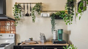 A kitchen with a stove, a coffee maker, hanging plants, and a knife block. - The Accountant | Sleeps 2 Guests | DT Drumheller | (Drumheller)