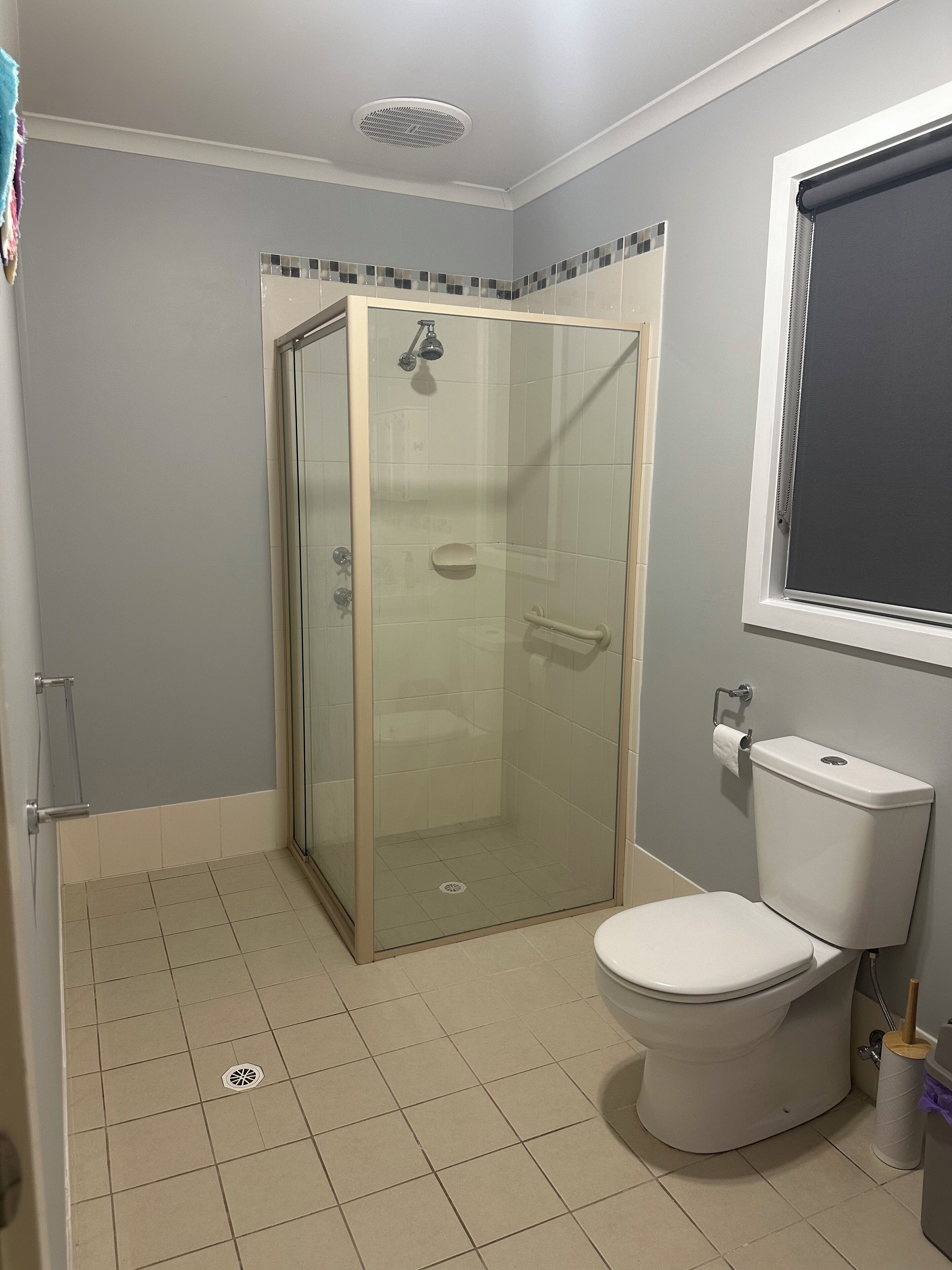 Une salle de bain avec une douche à parois de verre, des toilettes et une fenêtre.