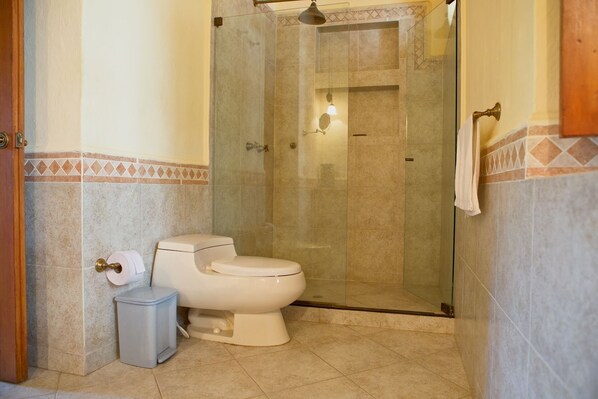 Un baño con inodoro, un cubo de basura y zona de ducha con mampara de vidrio.
