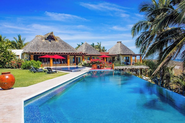 Outdoor pool, pool umbrellas, pool loungers