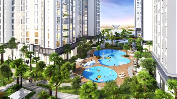 A modern residential complex with multiple high-rise buildings, a central swimming pool area, and surrounding greenery. - HMH- Vinhomes TIme City - Park Hill  (Hanoi)