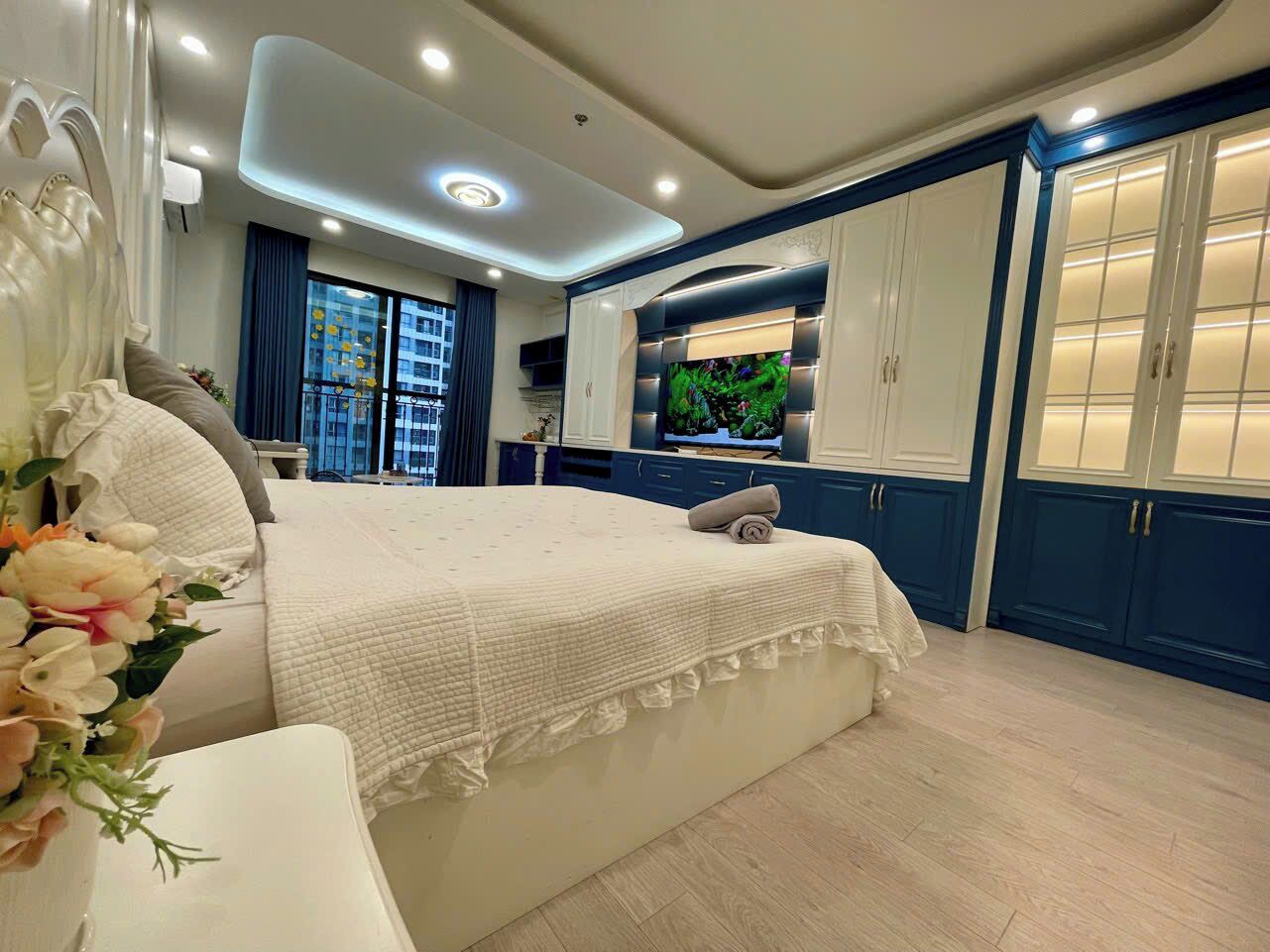 Desk, laptop workspace, blackout curtains, iron/ironing board