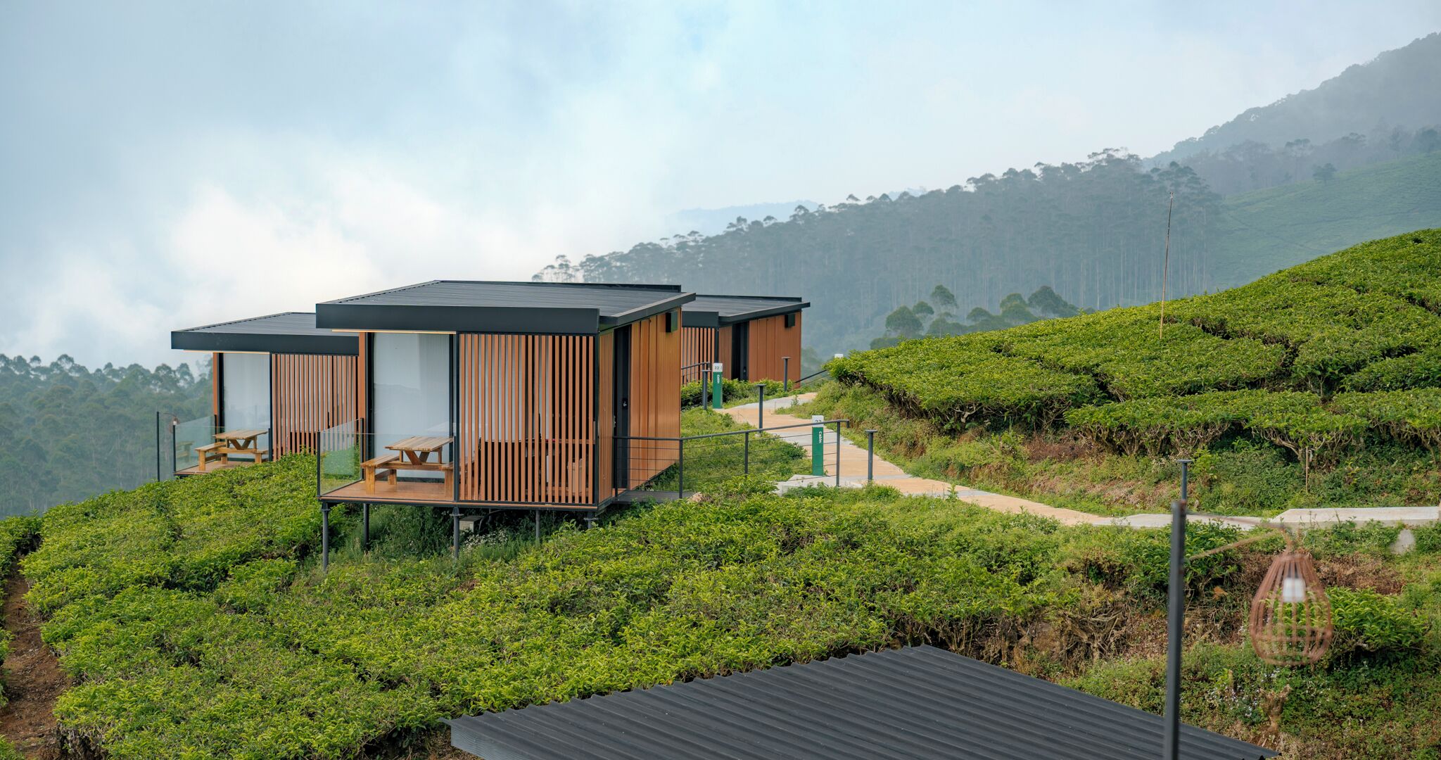 A modern eco-friendly lodge with wooden cabins, a deck, and a view of lush tea plantations.