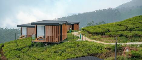 A modern eco-friendly lodge with wooden cabins, a deck, and a view of lush tea plantations.