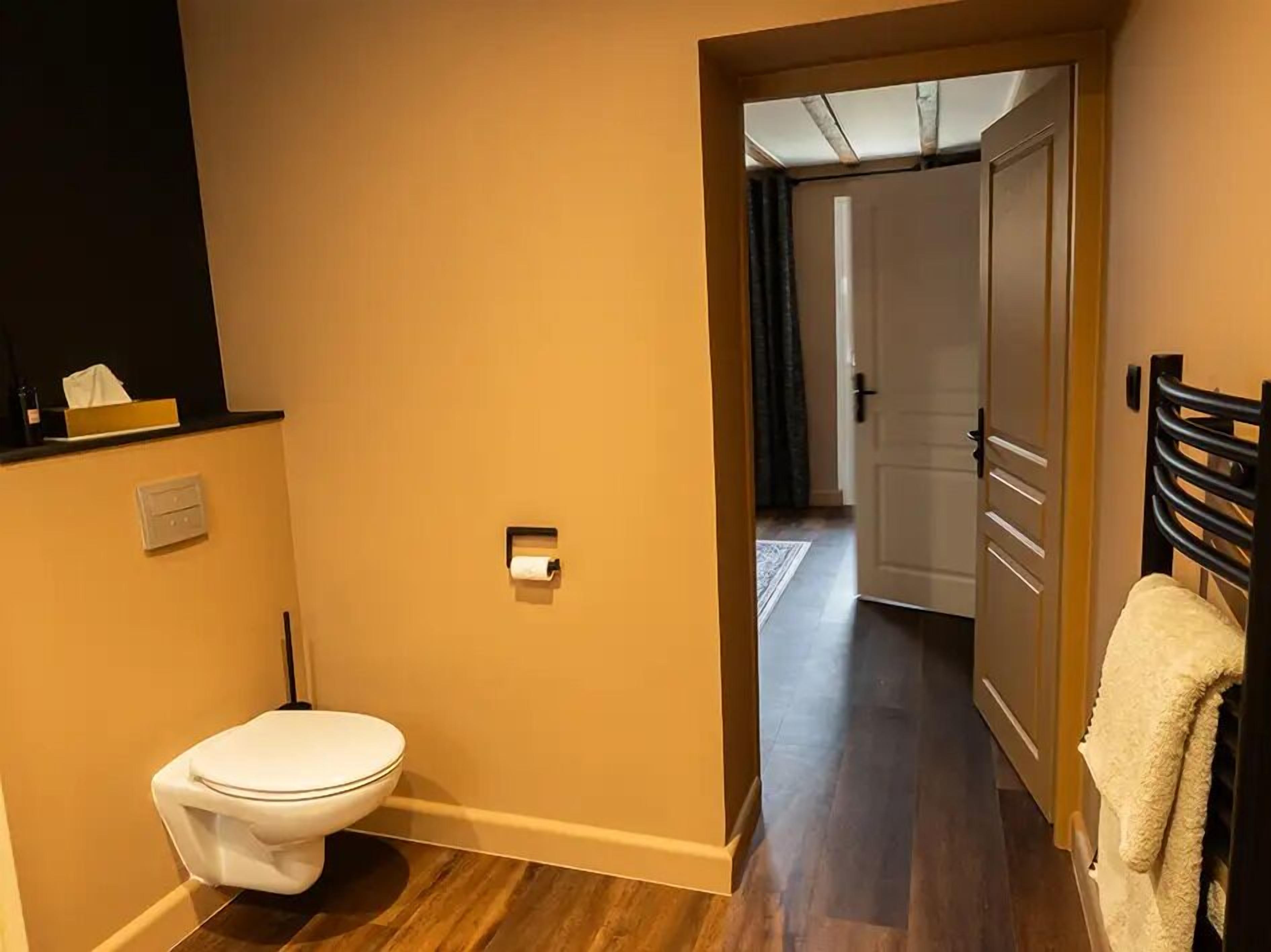 Un baño con inodoro, toallero y puerta que da a un pasillo.