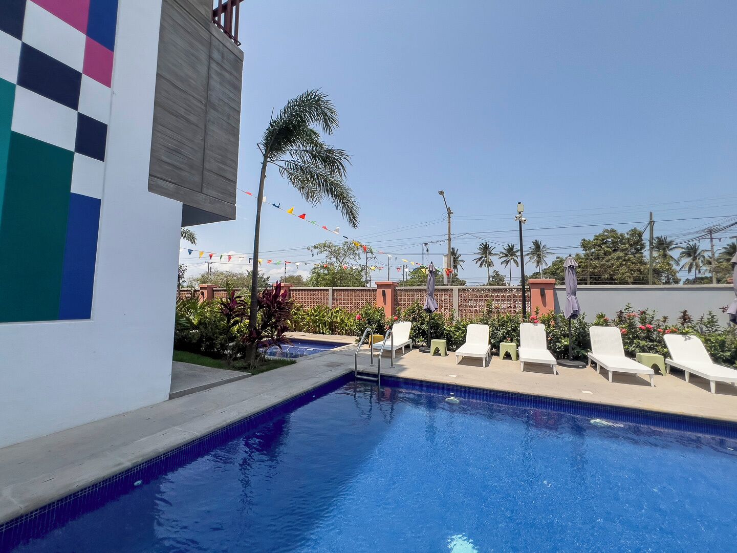 Una piscina con sillas de descanso y una palmera.