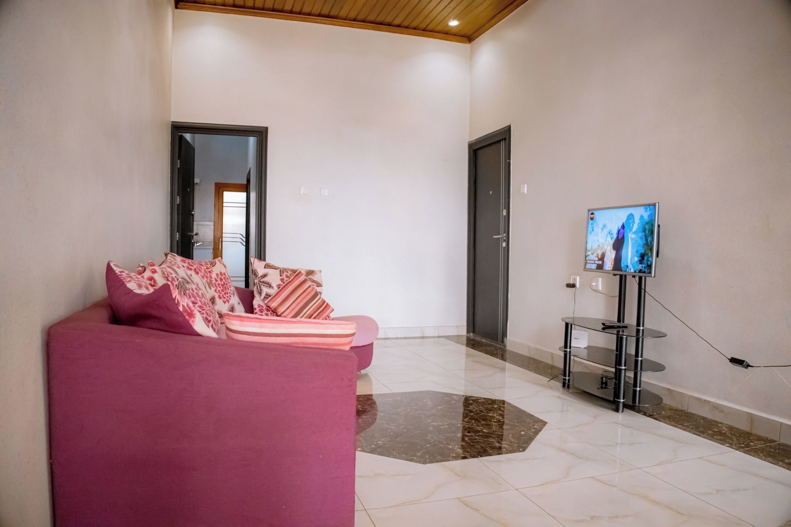 A modern living room with a pink sofa, a flat-screen TV on a stand, and a door leading to another room.