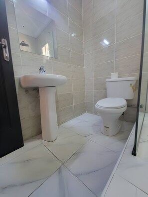 Shower, towels, soap, toilet paper