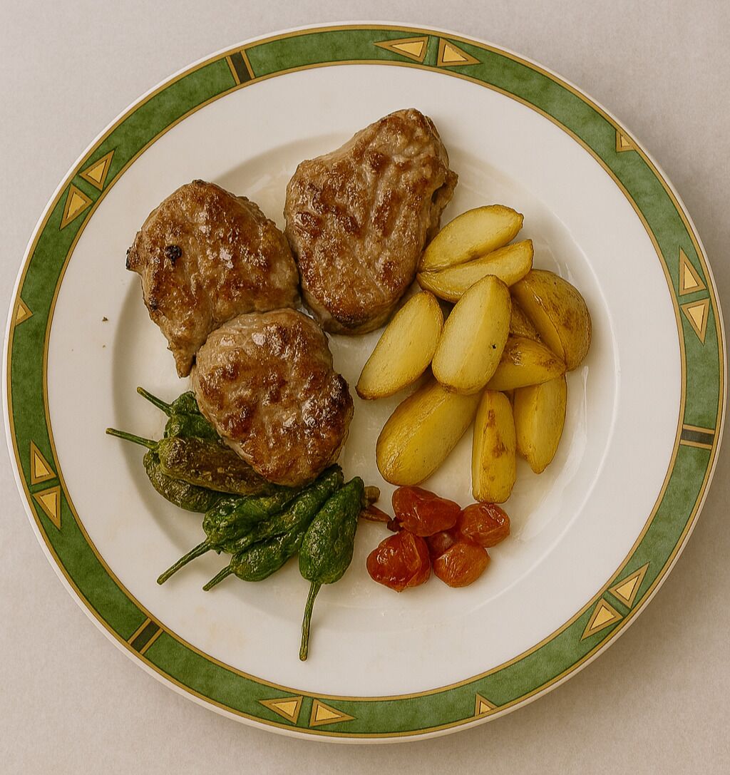 Un plato con carne a la parrilla, patatas asadas y verduras.