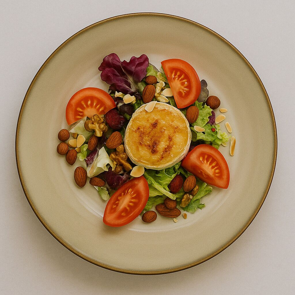A plate with a salad, including lettuce, tomatoes, almonds, and a pastry.