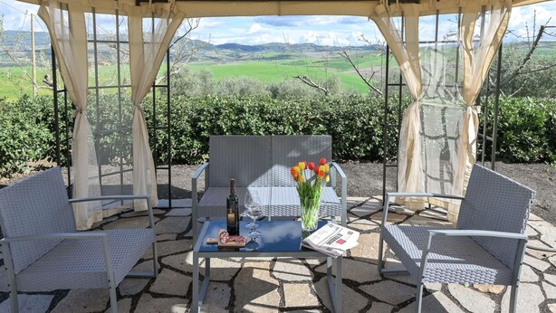 A covered outdoor seating area with a table, chairs, and a view of a vineyard. - Wonderful private villa with private pool, WIFI, TV, patio, pets allowed and panoramic view (Castel Del Piano)