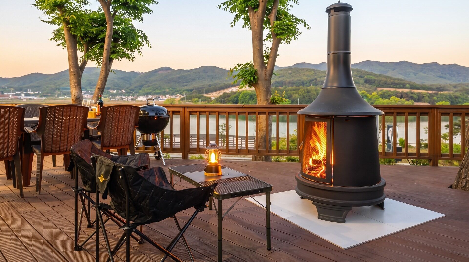 Une terrasse extérieure dotée d’un poêle à bois, de fauteuils en osier, d’un barbecue et offrant une vue sur un lac et des montagnes.