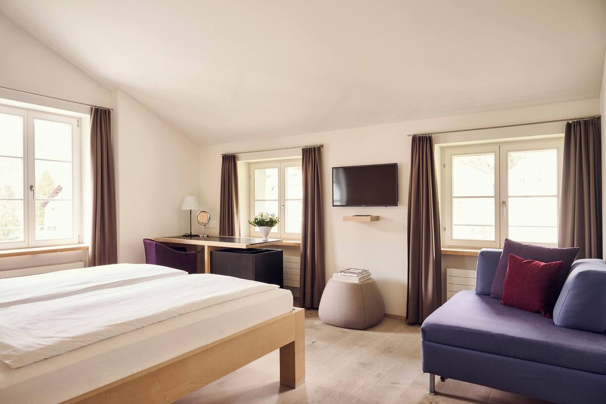 A bedroom with a bed, a desk, a chair, a TV, and a sofa.