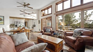 Smart TV, fireplace, foosball, books