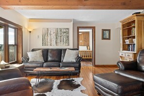 TV connectée, cheminée, baby-foot, livres