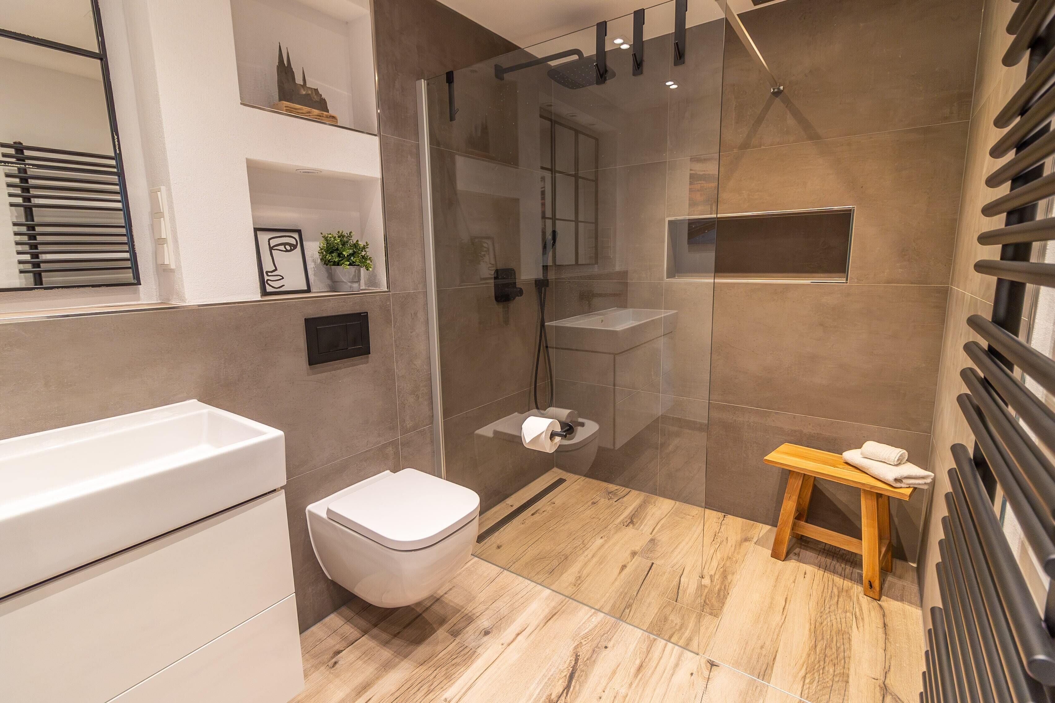Shower, hair dryer, towels