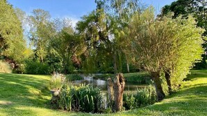 A serene garden with a pond, lush greenery, and a variety of plants. - The Saint-Josse Tribe (Saint-Josse)