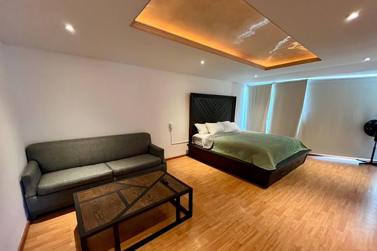 A modern room with a bed, a sofa, and a coffee table.