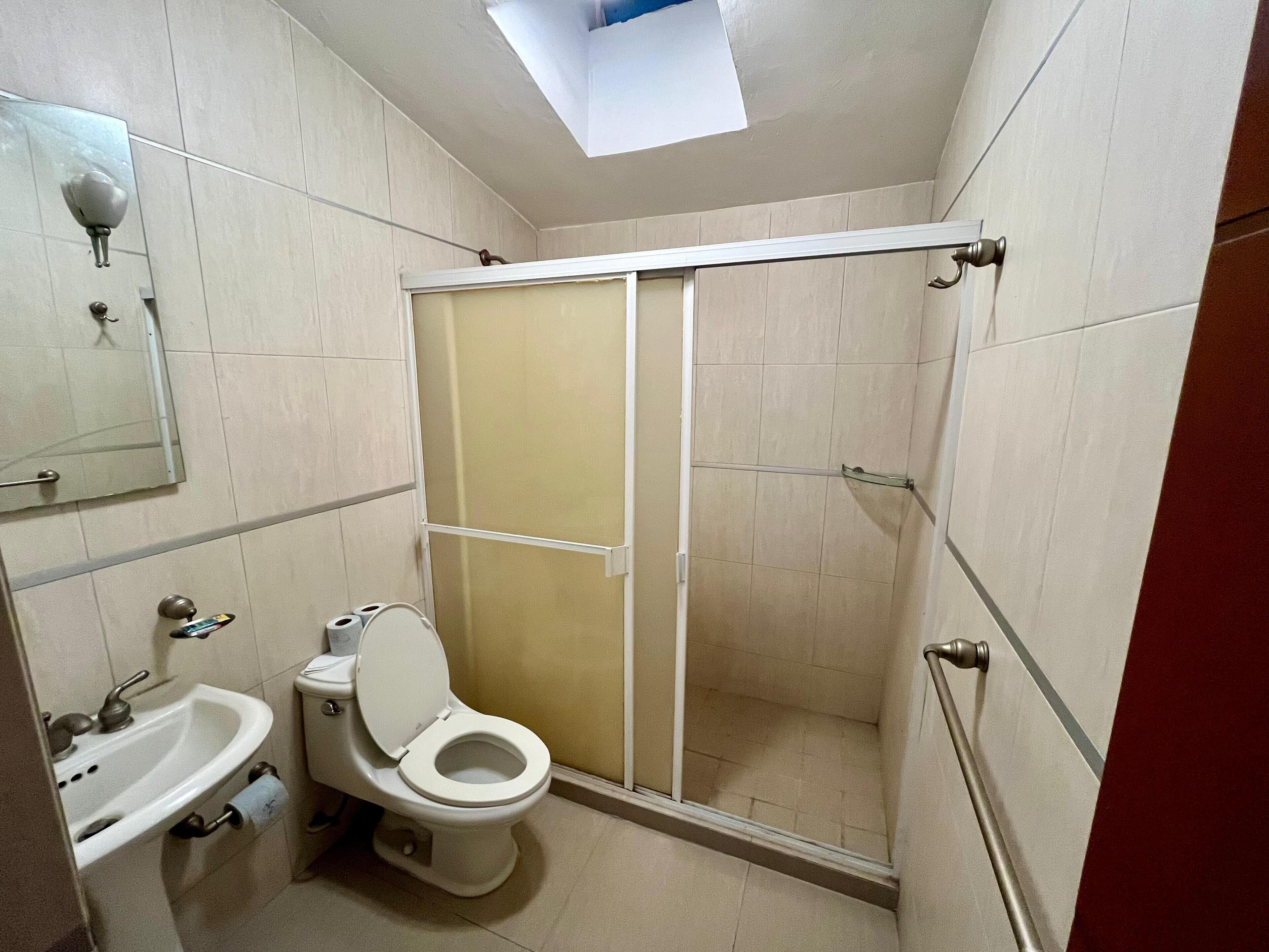 A bathroom with a toilet, sink, and shower enclosure.