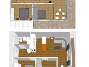 Un plan d’aménagement de chambre d’hôtel comprenant un lit, un bureau, une chaise, un canapé et une petite table.