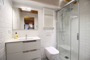 Douche, séchoir à cheveux, serviettes fournies