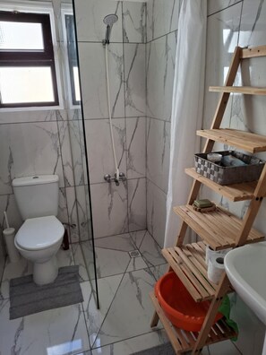 Shower, hair dryer, towels, soap