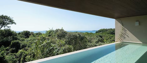 A swimming pool with a view of a forest and a distant landscape.