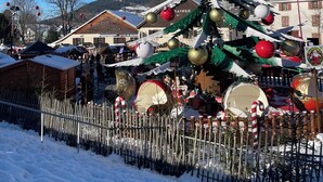 A decorated Christmas tree with ornaments and a star on top, surrounded by a snow-covered area and buildings in the background. - Charming chalet in Gérardmer To relax with family and friends  (Gérardmer)