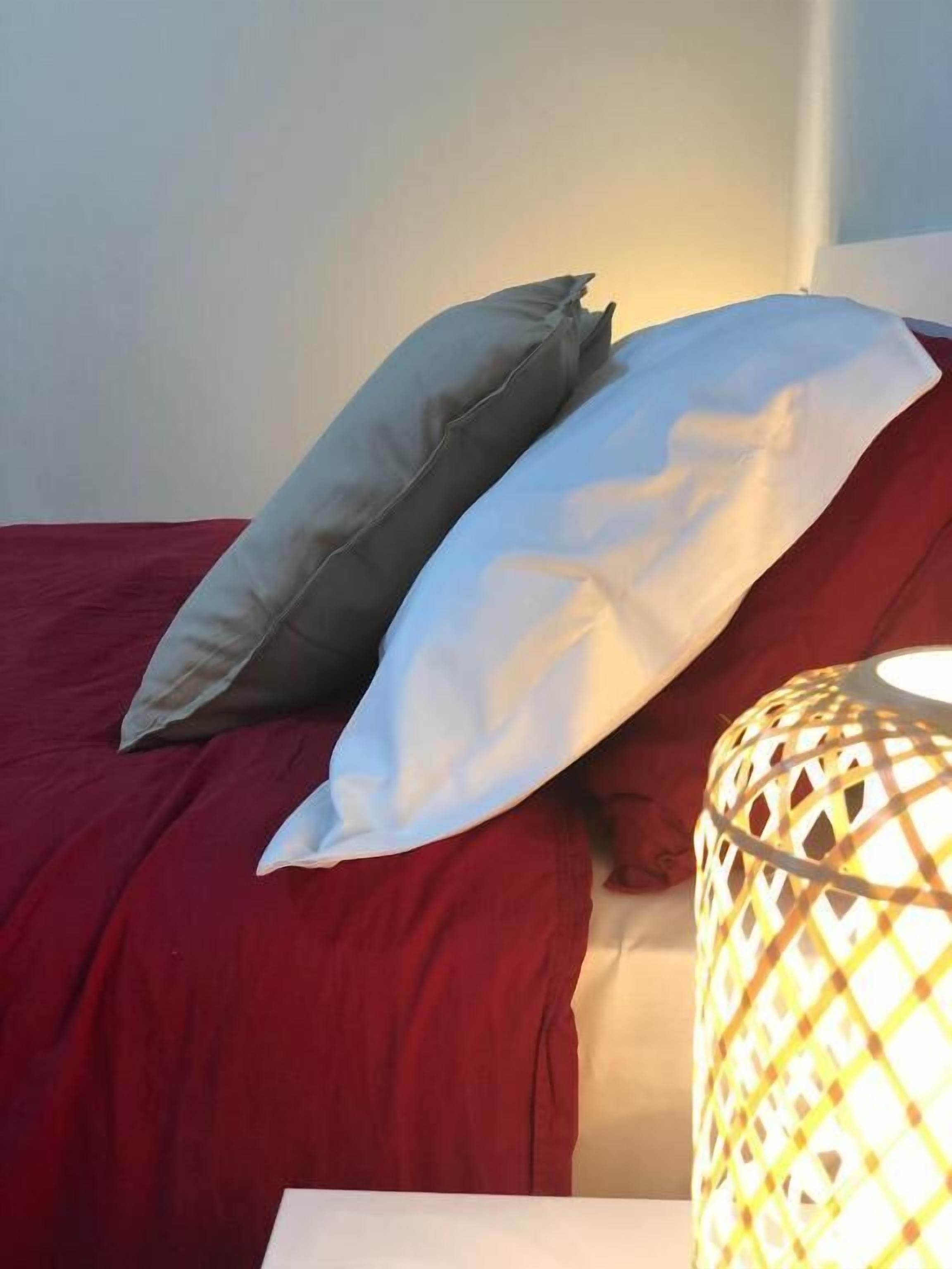 A bed with red bedding and two pillows, one grey and one white, with a patterned lamp beside it.