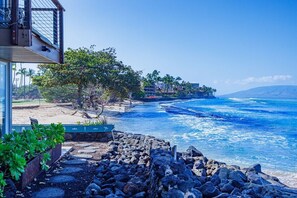 On the beach, sun loungers, beach towels