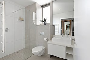 Douche, séchoir à cheveux, serviettes fournies, savon