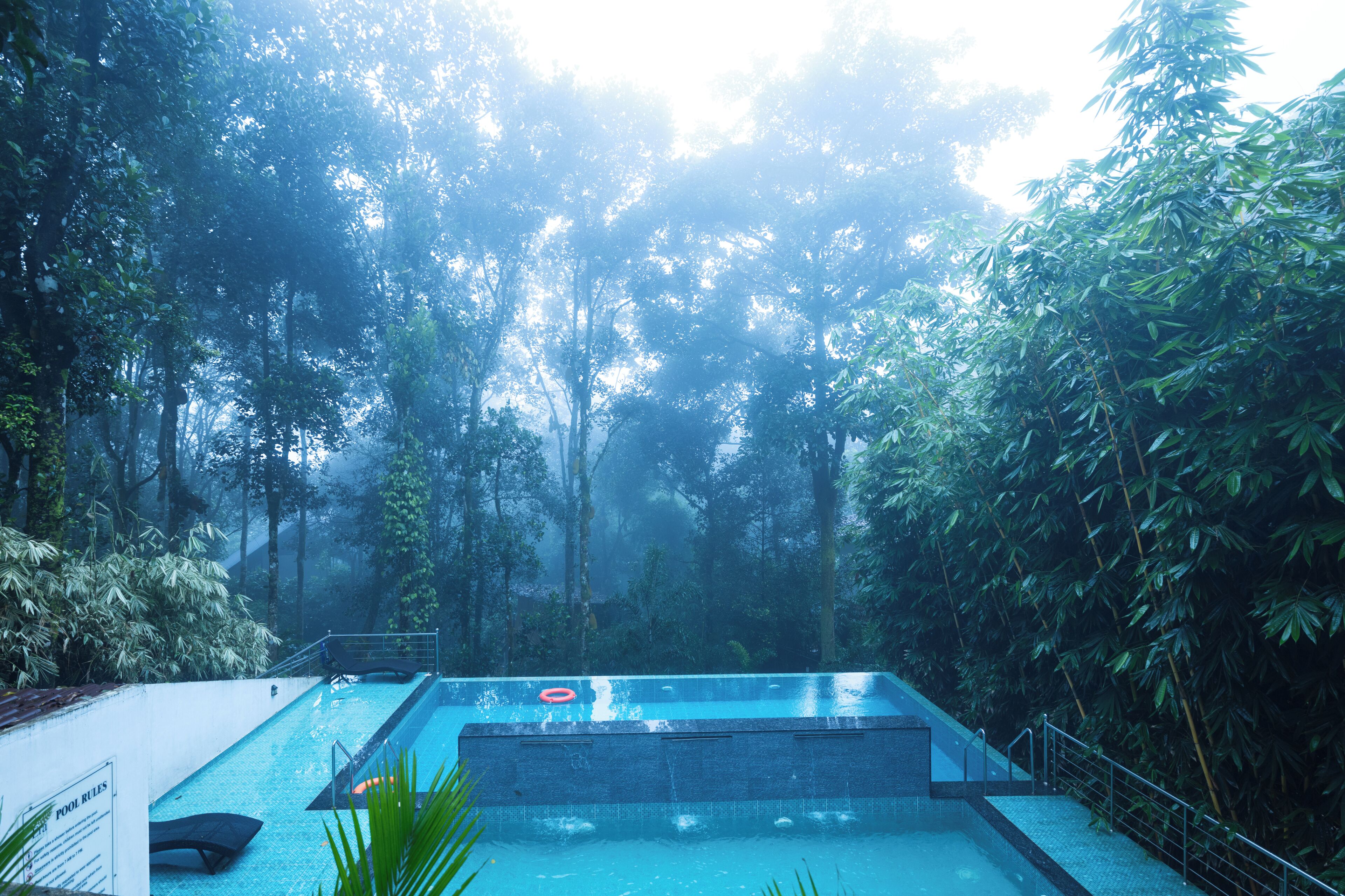 A swimming pool with a view of a forested area.