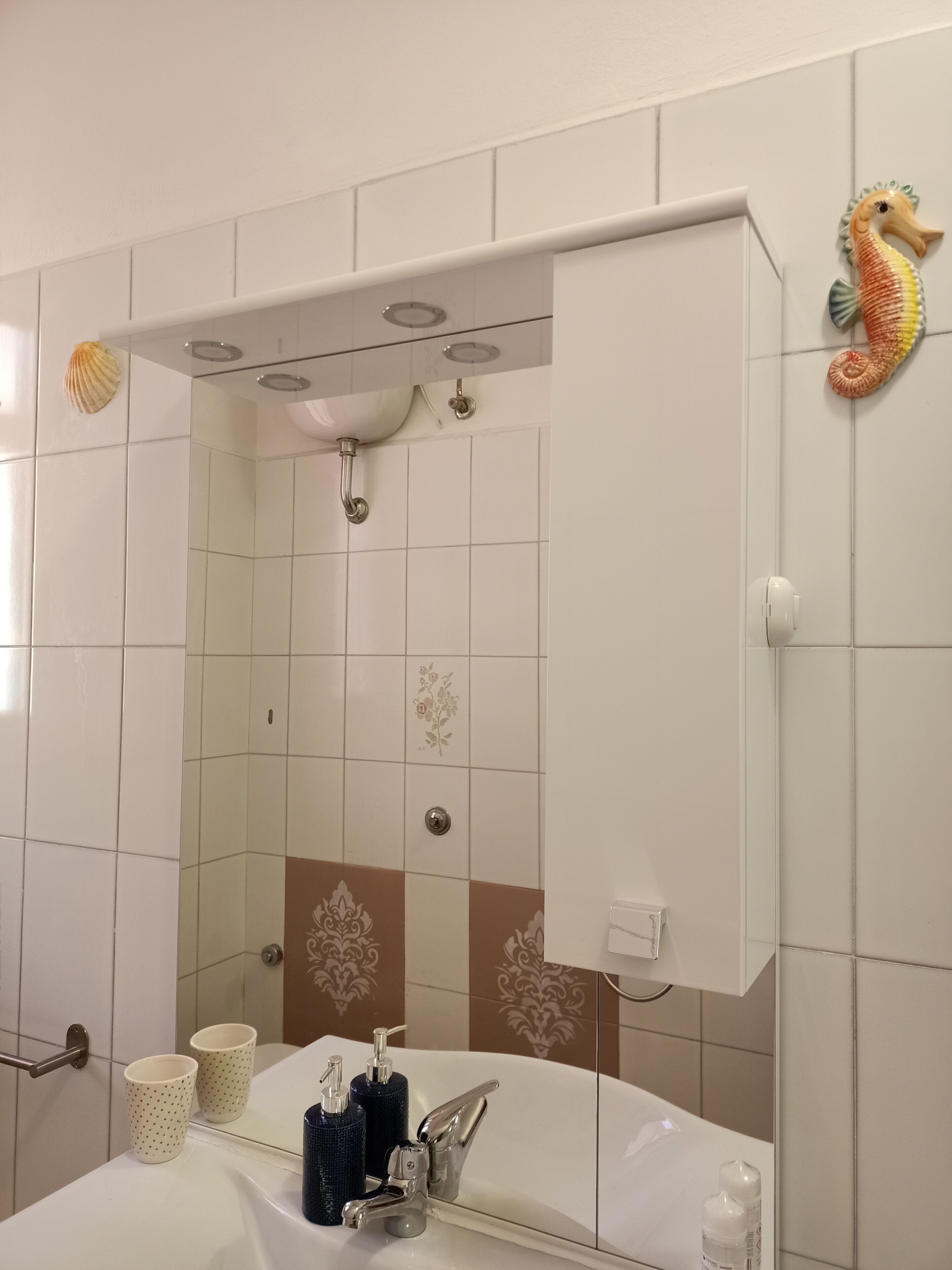 A bathroom with a white sink, a mirror, a towel rack, and a decorative seahorse.