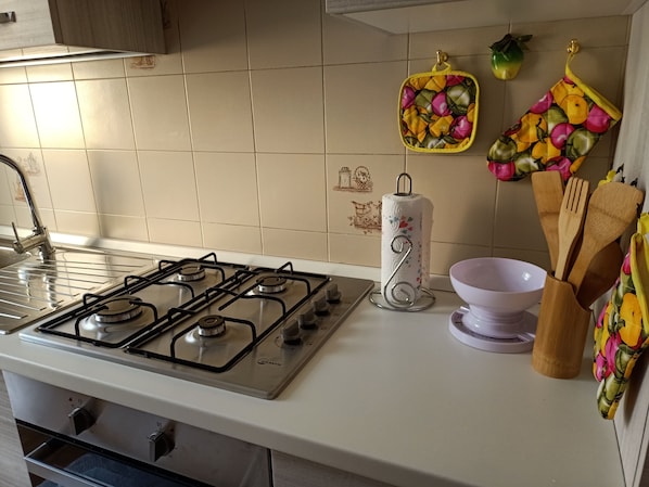 Fridge, oven, stovetop, coffee/tea maker