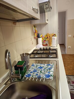 Kjøleskap, ovn, kokeplater og kaffetrakter/tekoker